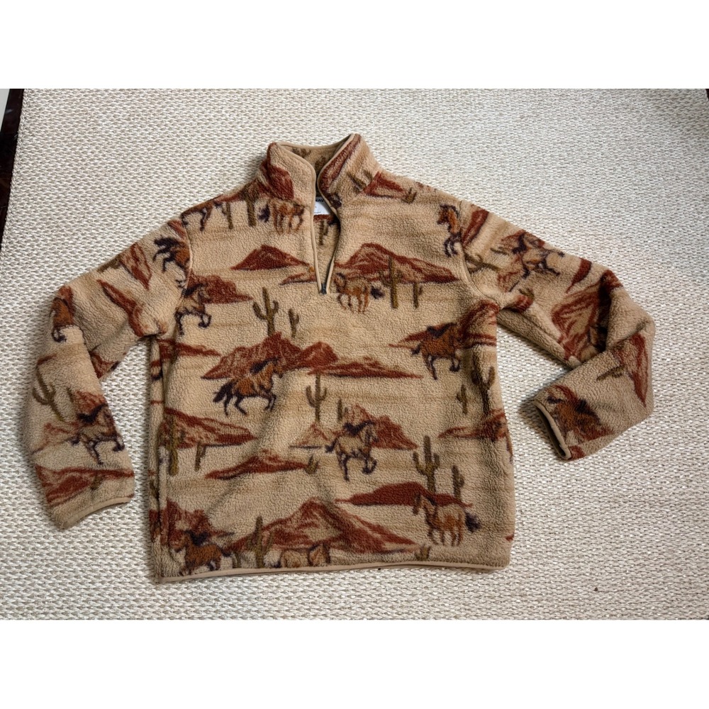Old Navy aztec Southwestern Horse Print Sherpa Fleece 1/4 Zip Pullover Jacket LG